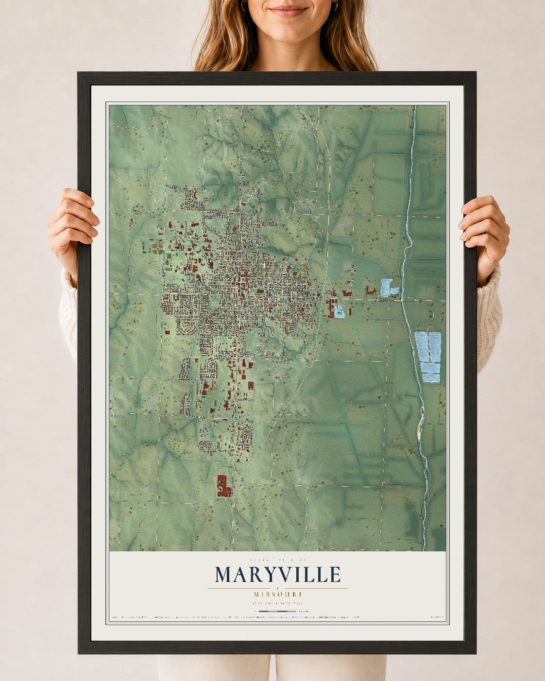 Map of Maryville, Missouri, 24 x 36 inch print in a black wood frame