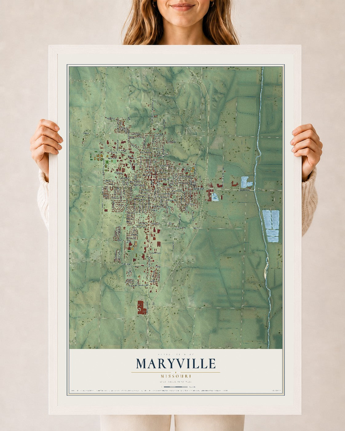 Map of Maryville, Missouri, 24 x 36 inch print in a white wood frame
