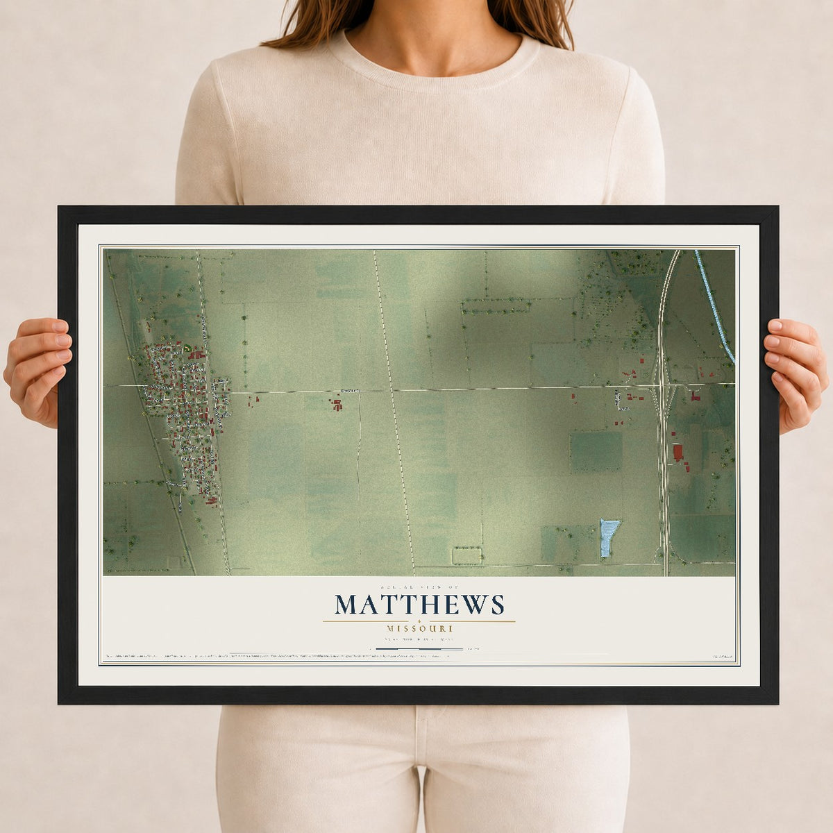 Map of Matthews, Missouri, 12 x 18 inch print in a black wood frame