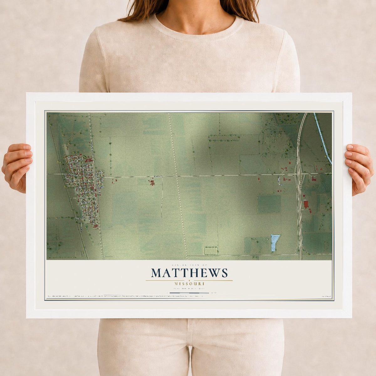 Map of Matthews, Missouri, 12 x 18 inch print in a white wood frame
