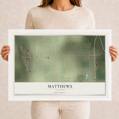 Map of Matthews, Missouri, 12 x 18 inch print in a white wood frame