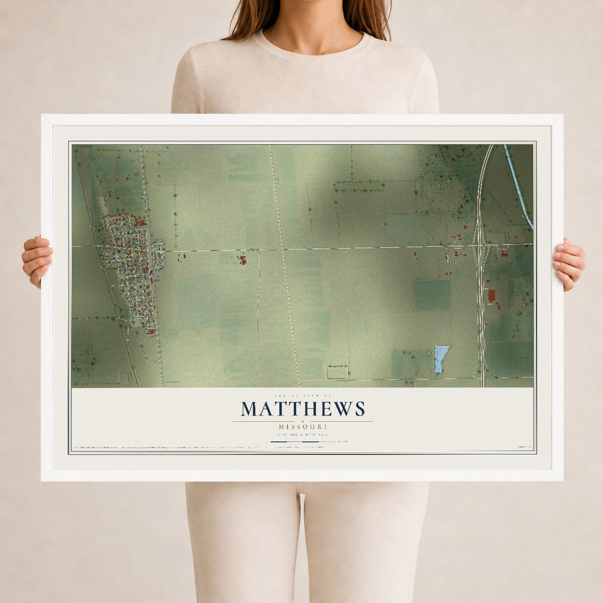 Map of Matthews, Missouri, 24 x 36 inch print in a white wood frame