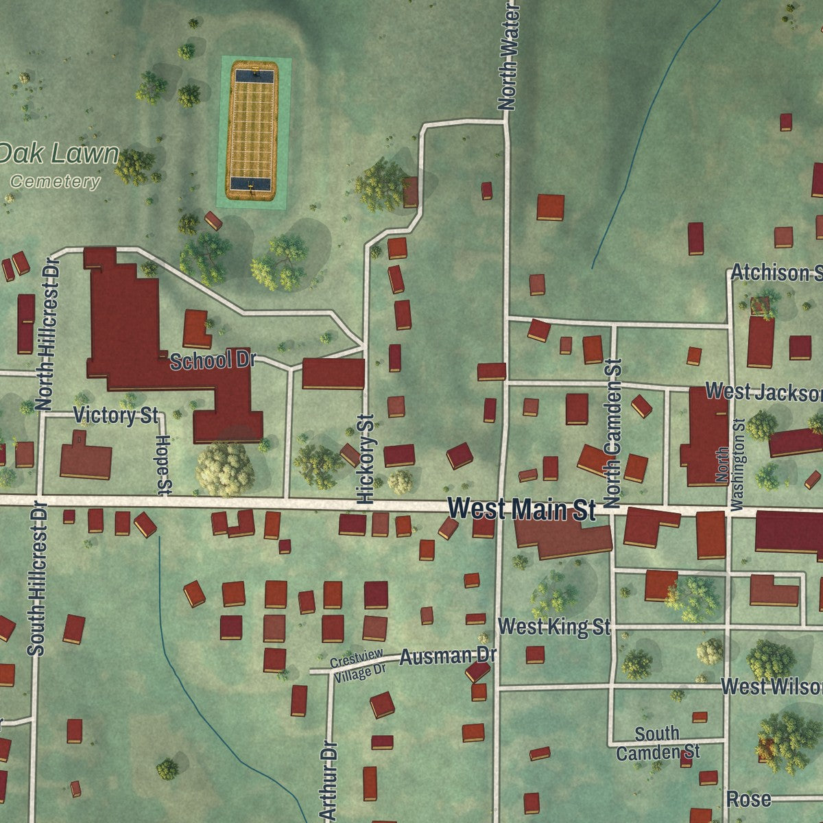Close-up of the map of Maysville, Missouri print showing street and building detail