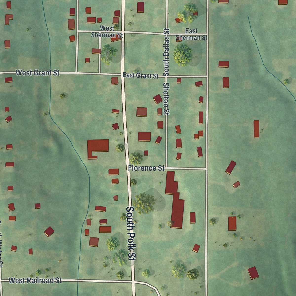 Second close-up of the map of Maysville, Missouri print showing more streets and buildings