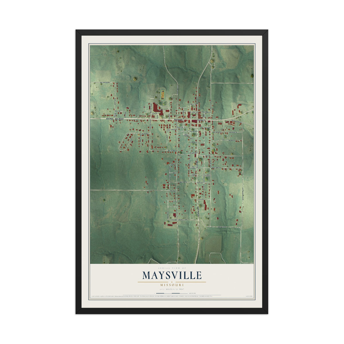Map of Maysville, Missouri, 12 x 18 inch print in a black wood frame