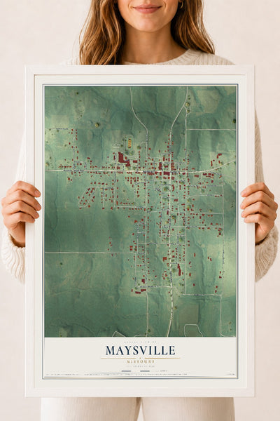 Map of Maysville, Missouri, 18 x 24 inch print in a white wood frame