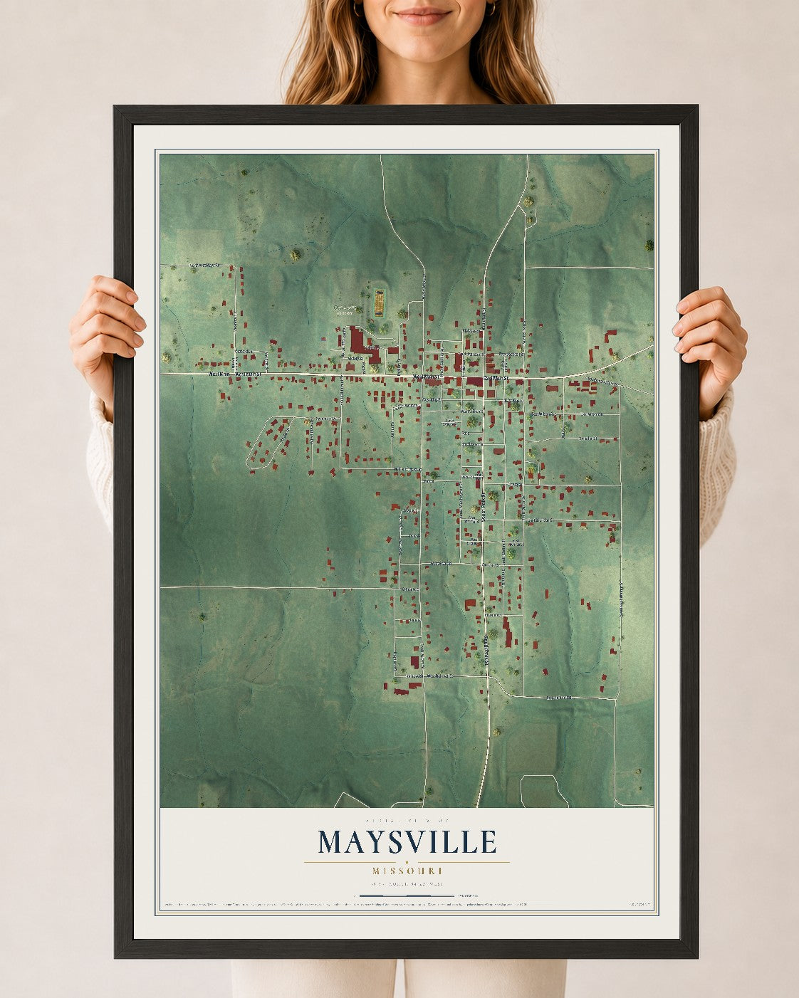 Map of Maysville, Missouri, 24 x 36 inch print in a black wood frame