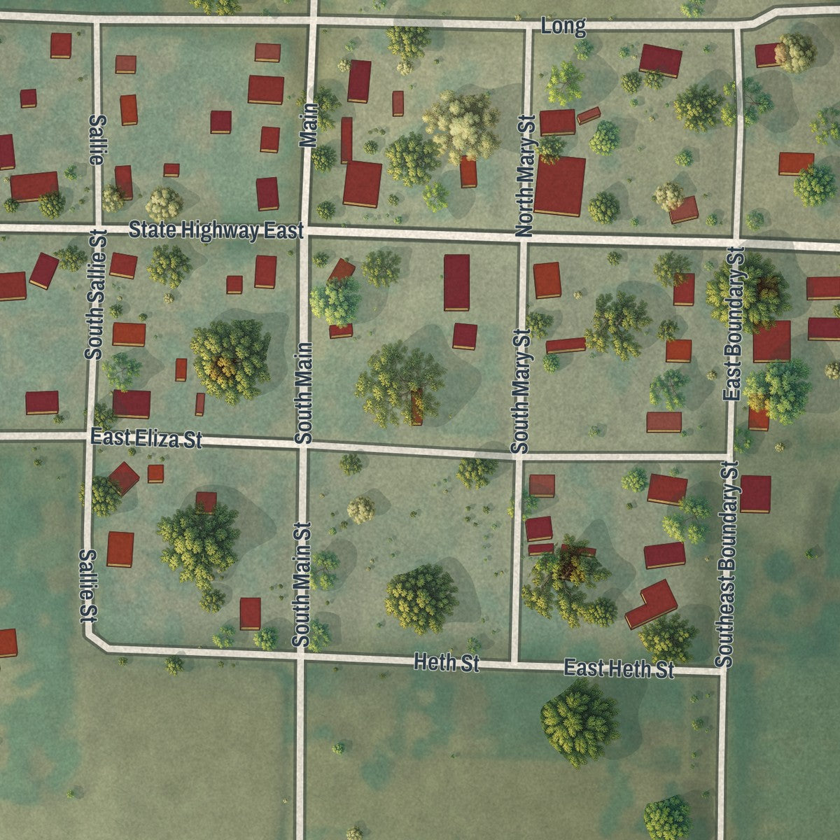 Close-up of the map of Mayview, Missouri print showing street and building detail