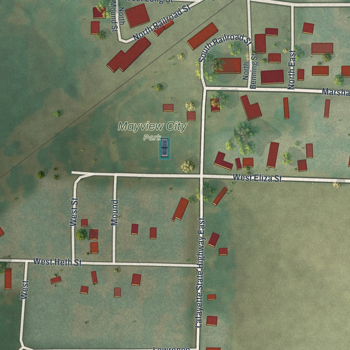 Second close-up of the map of Mayview, Missouri print showing more streets and buildings