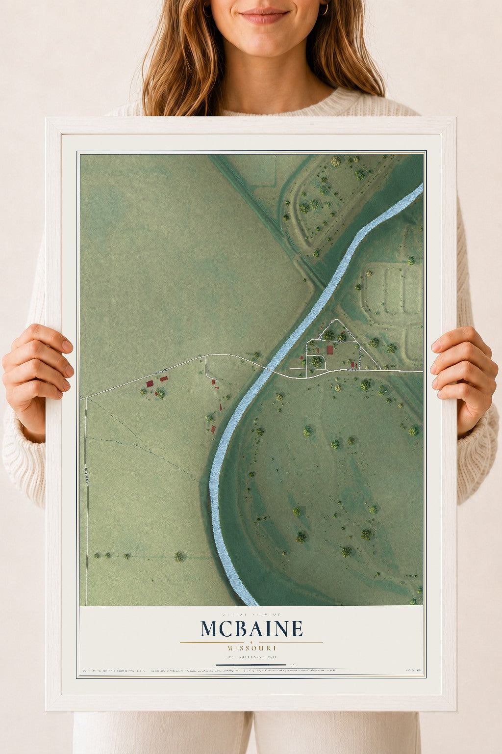 Map of McBaine, Missouri, 18 x 24 inch print in a white wood frame