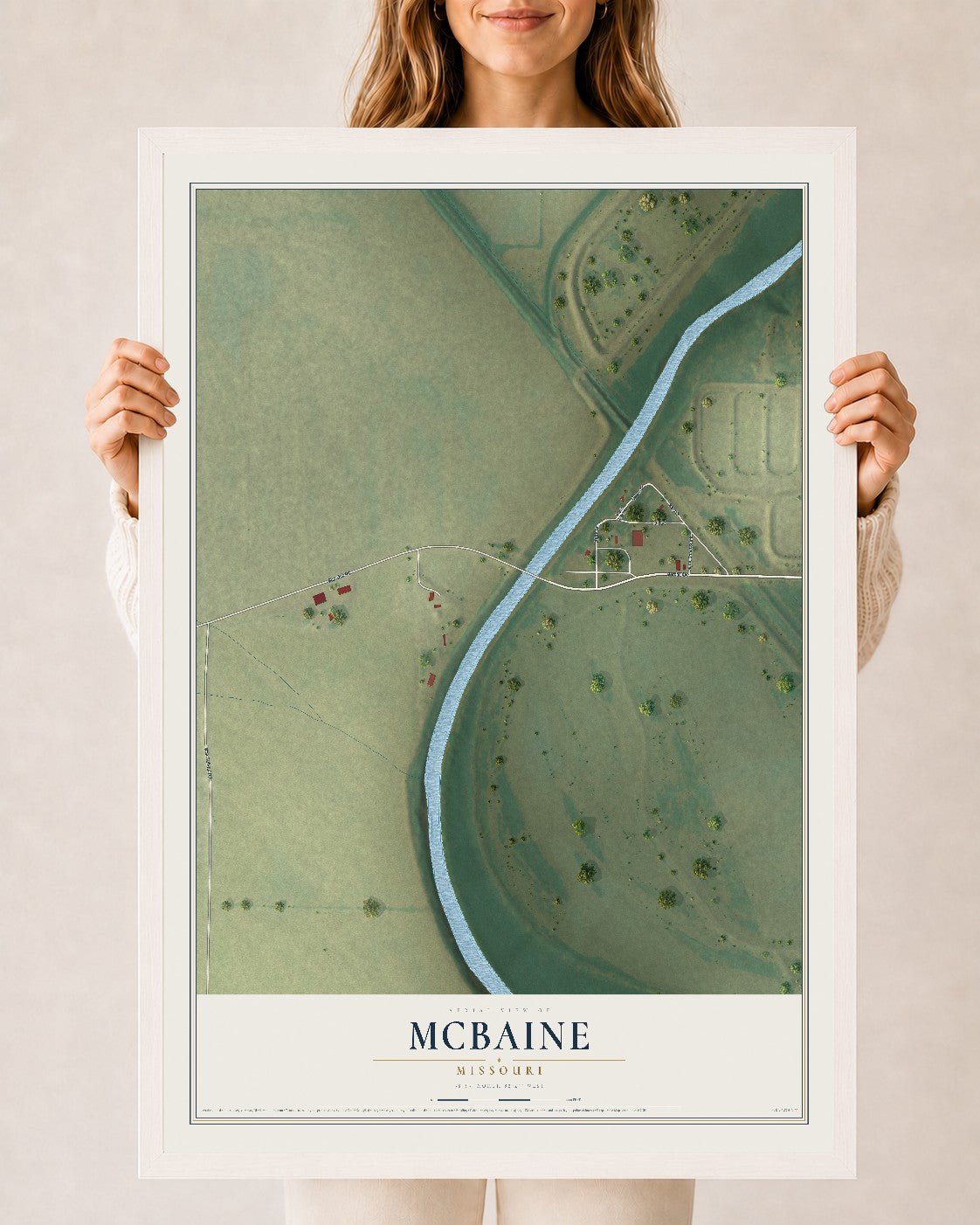 Map of McBaine, Missouri, 24 x 36 inch print in a white wood frame