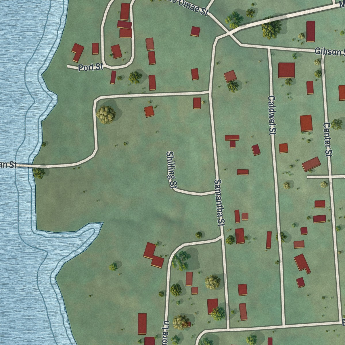 Close-up of the map of McCord Bend, Missouri print showing street and building detail