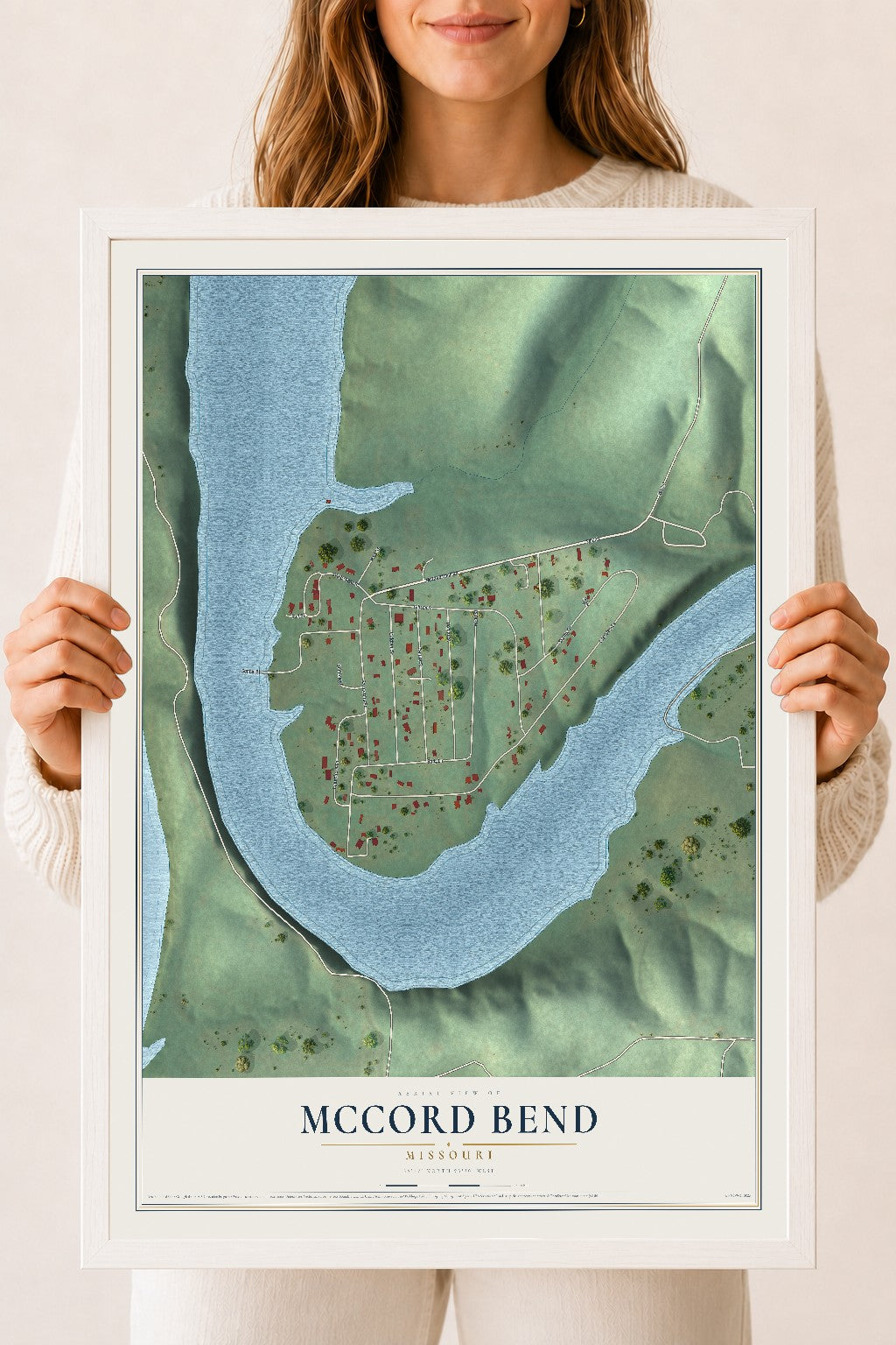 Map of McCord Bend, Missouri, 18 x 24 inch print in a white wood frame