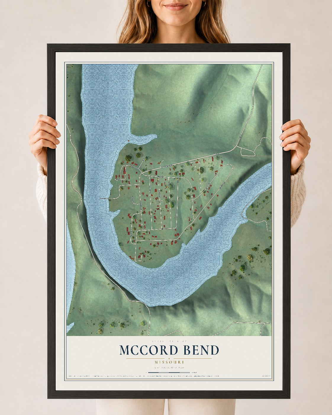 Map of McCord Bend, Missouri, 24 x 36 inch print in a black wood frame