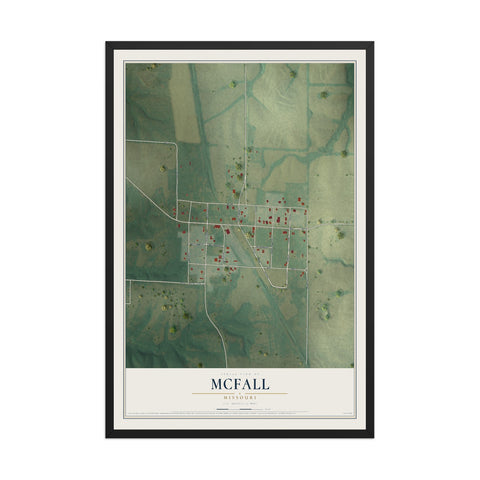 Map of McFall, Missouri, 12 x 18 inch print in a black wood frame