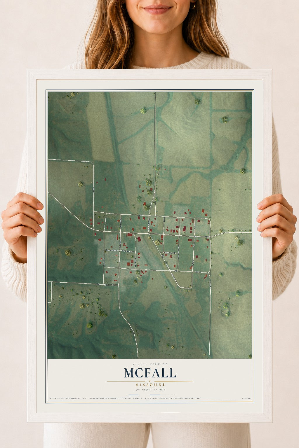 Map of McFall, Missouri, 18 x 24 inch print in a white wood frame