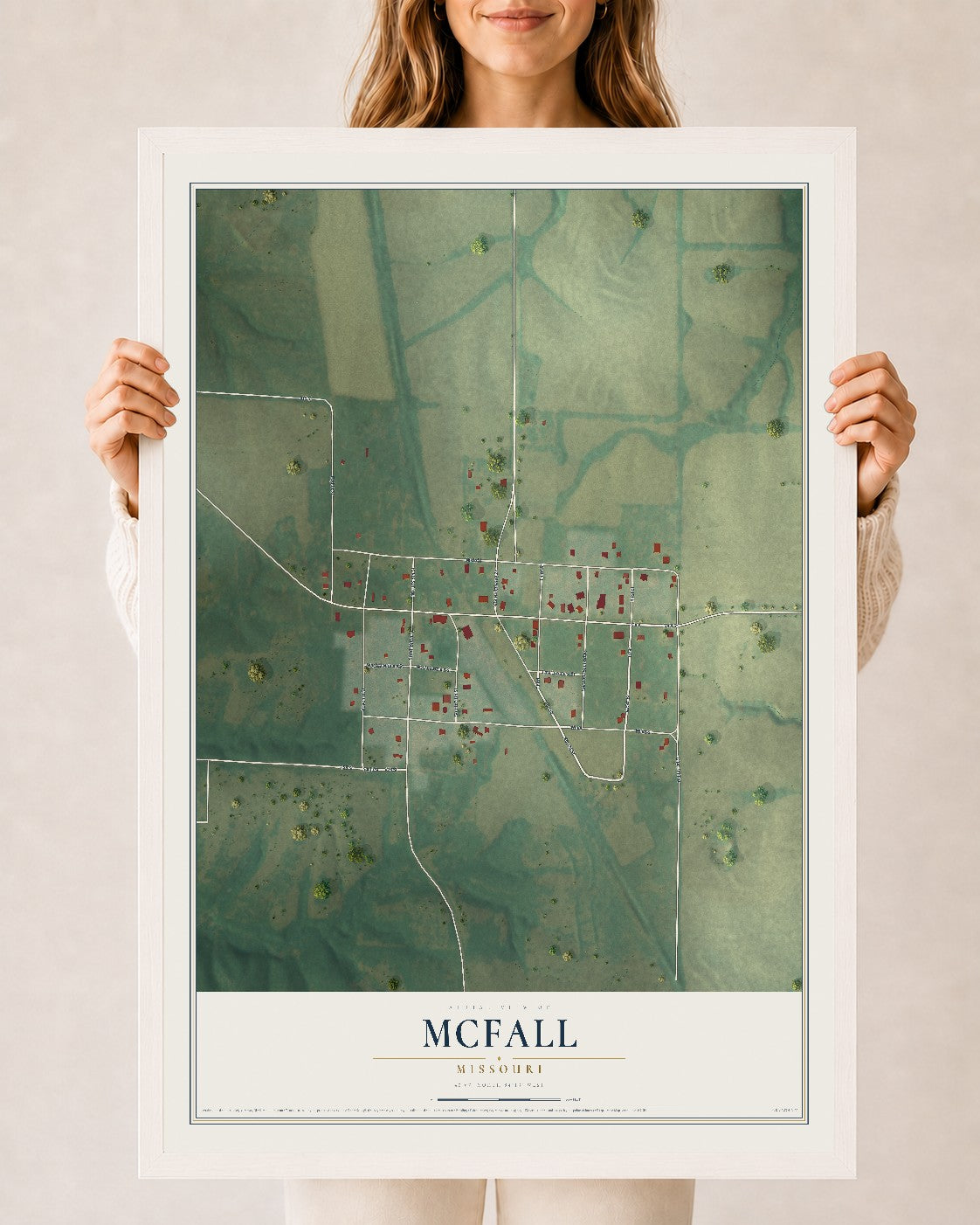 Map of McFall, Missouri, 24 x 36 inch print in a white wood frame
