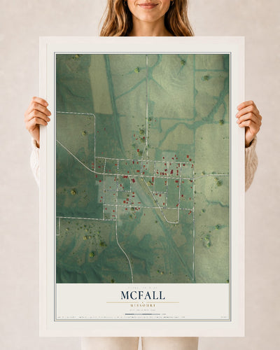 Map of McFall, Missouri, 24 x 36 inch print in a white wood frame