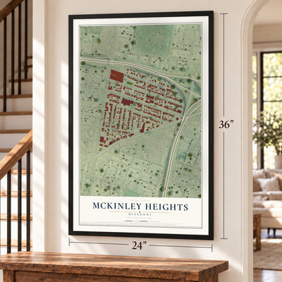McKinley Heights, Missouri map, 24 x 36 inch print in a black frame by a staircase
