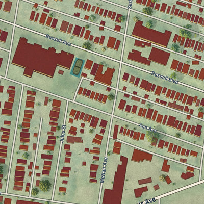 Close-up of the map of McKinley Heights, Missouri print showing street and building detail