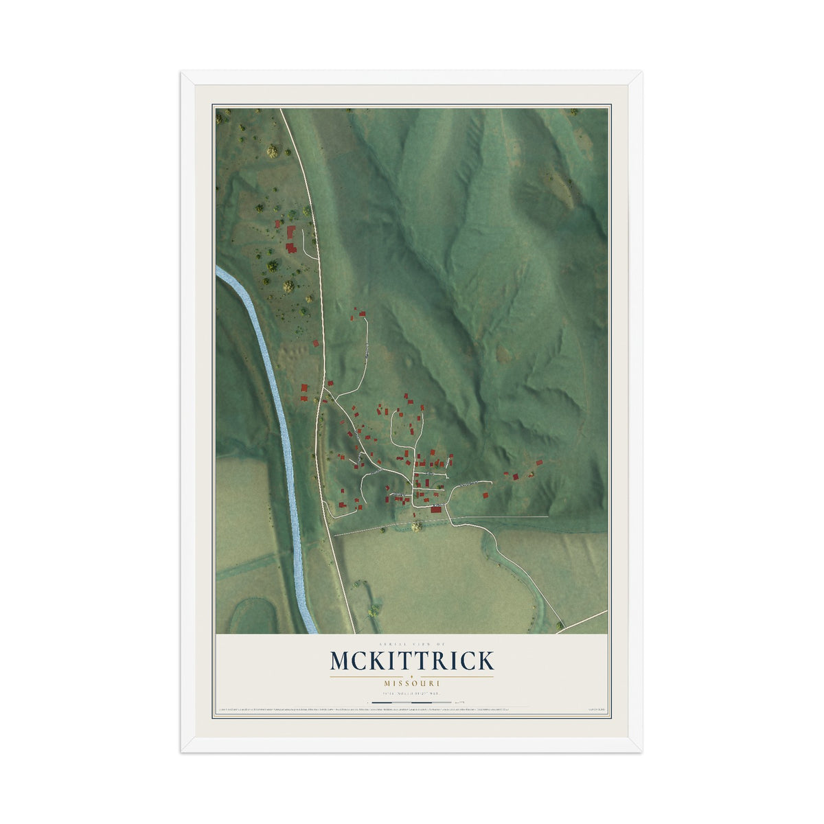 Map of McKittrick, Missouri, 12 x 18 inch print in a white wood frame