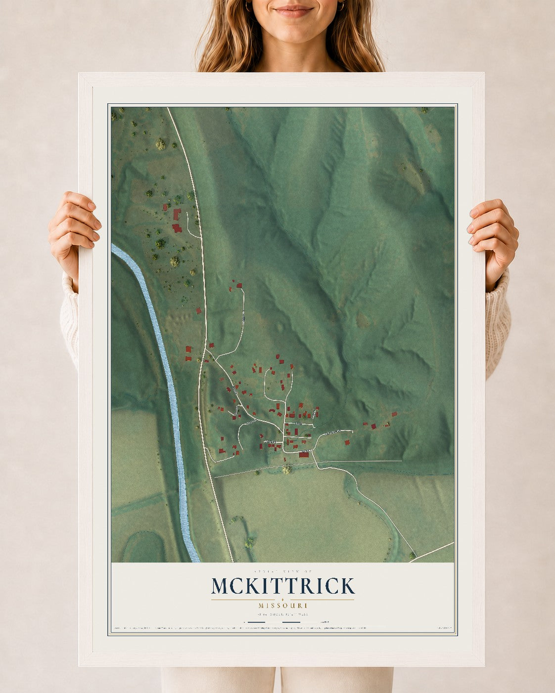 Map of McKittrick, Missouri, 24 x 36 inch print in a white wood frame