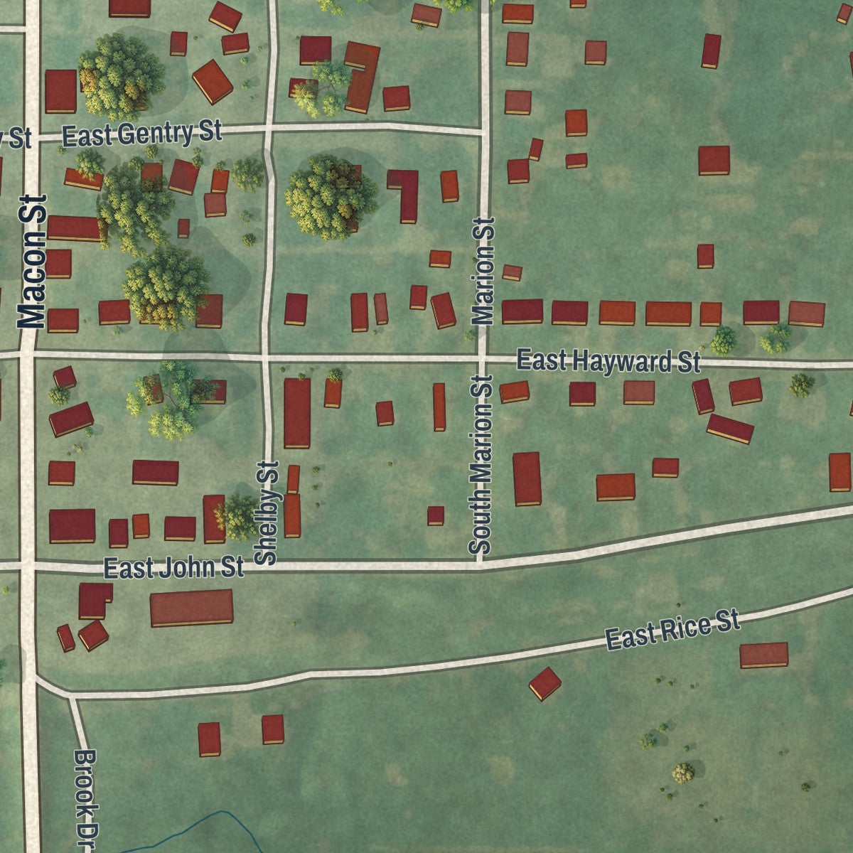 Close-up of the map of Meadville, Missouri print showing street and building detail