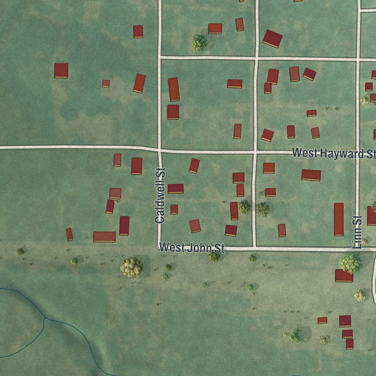 Second close-up of the map of Meadville, Missouri print showing more streets and buildings