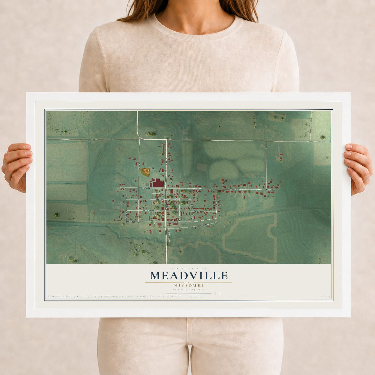 Map of Meadville, Missouri, 12 x 18 inch print in a white wood frame