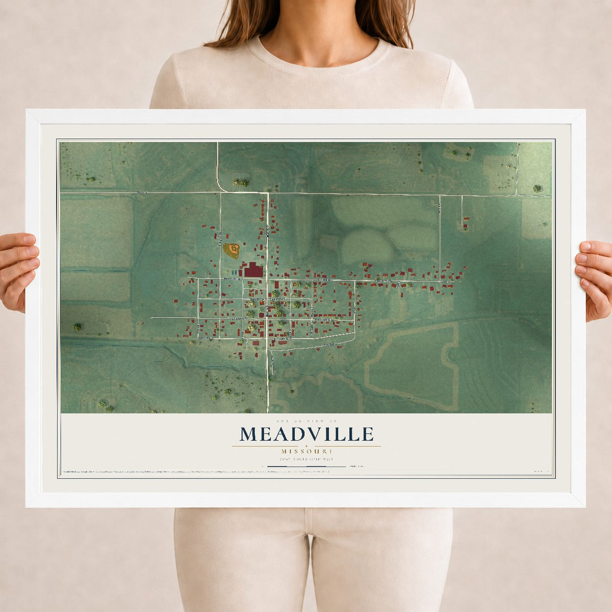 Map of Meadville, Missouri, 18 x 24 inch print in a white wood frame
