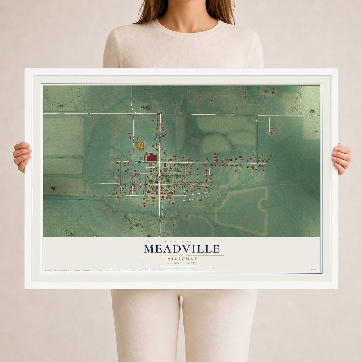 Map of Meadville, Missouri, 24 x 36 inch print in a white wood frame