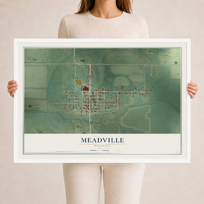 Map of Meadville, Missouri, 24 x 36 inch print in a white wood frame