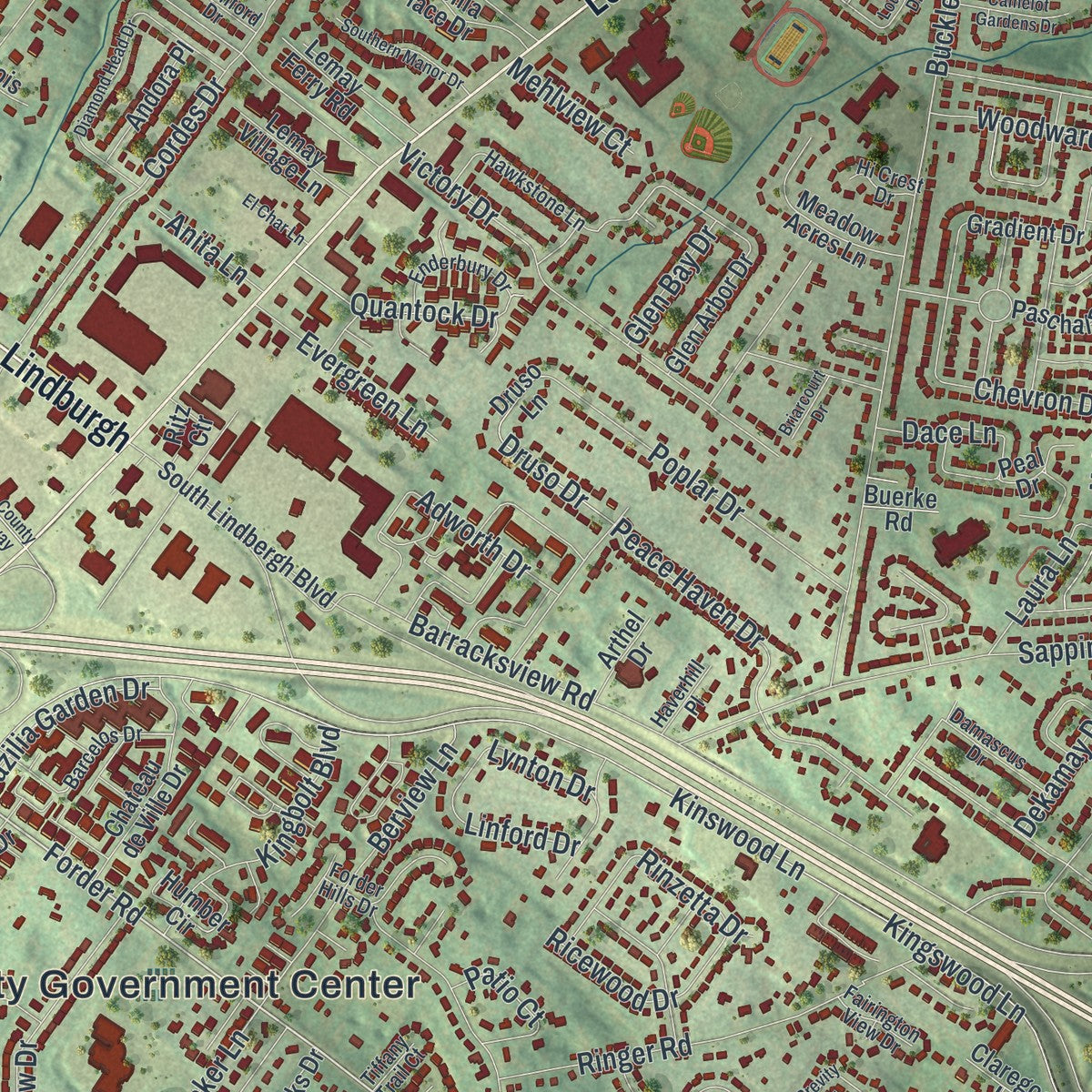 Close-up of the map of Mehlville, Missouri print showing street and building detail