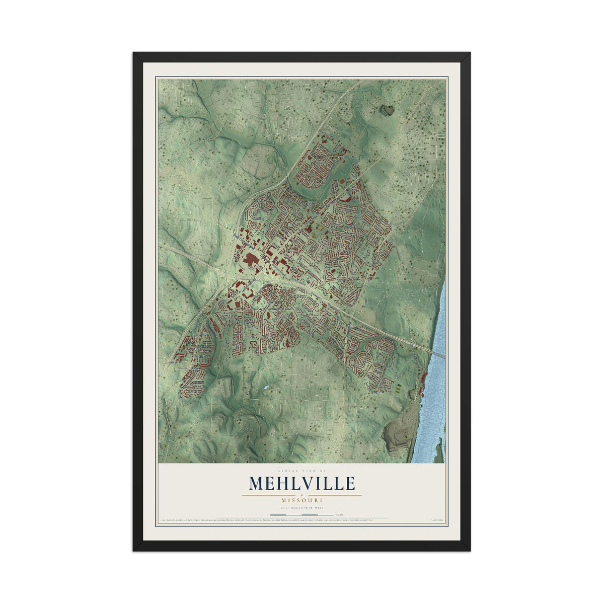Map of Mehlville, Missouri, 12 x 18 inch print in a black wood frame