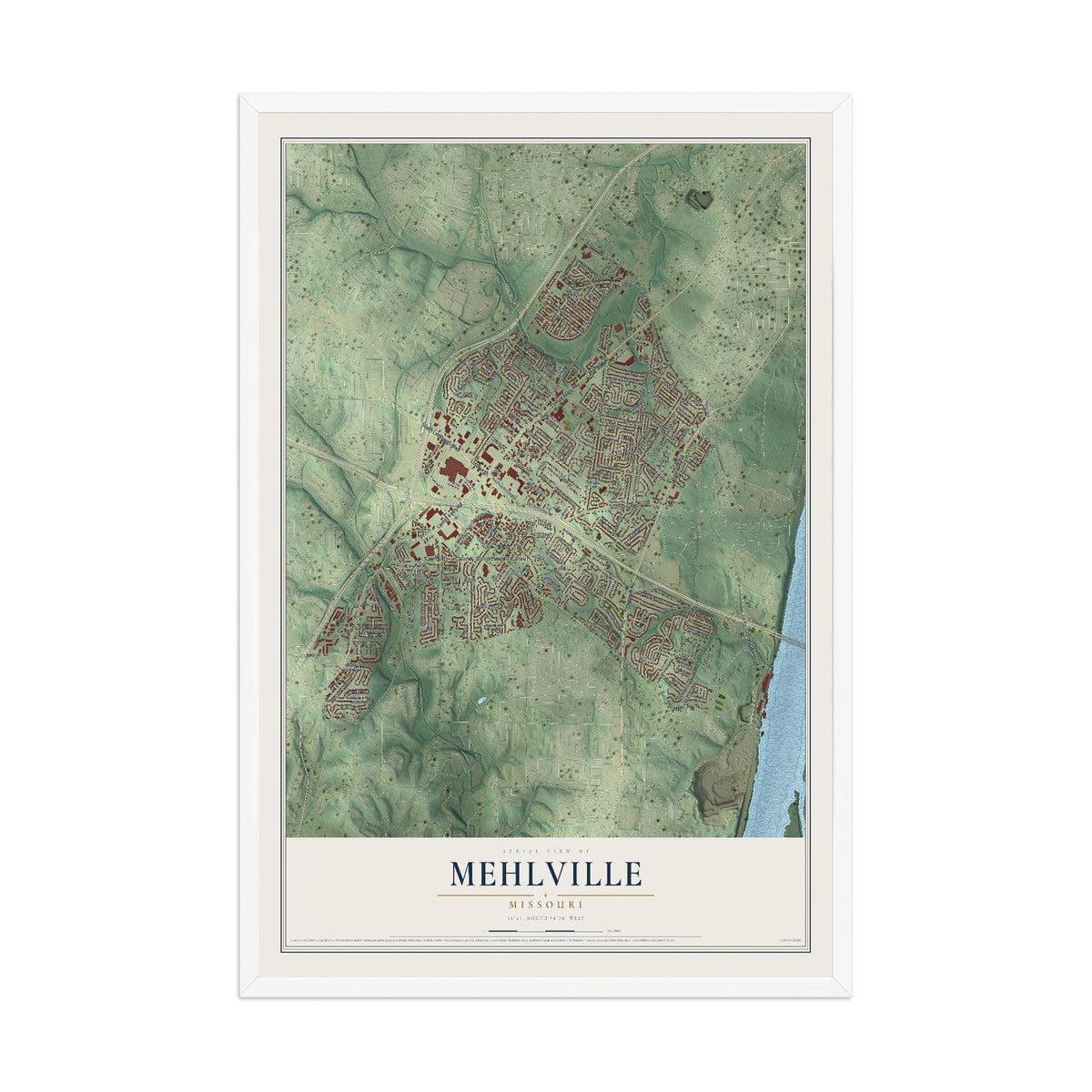 Map of Mehlville, Missouri, 12 x 18 inch print in a white wood frame