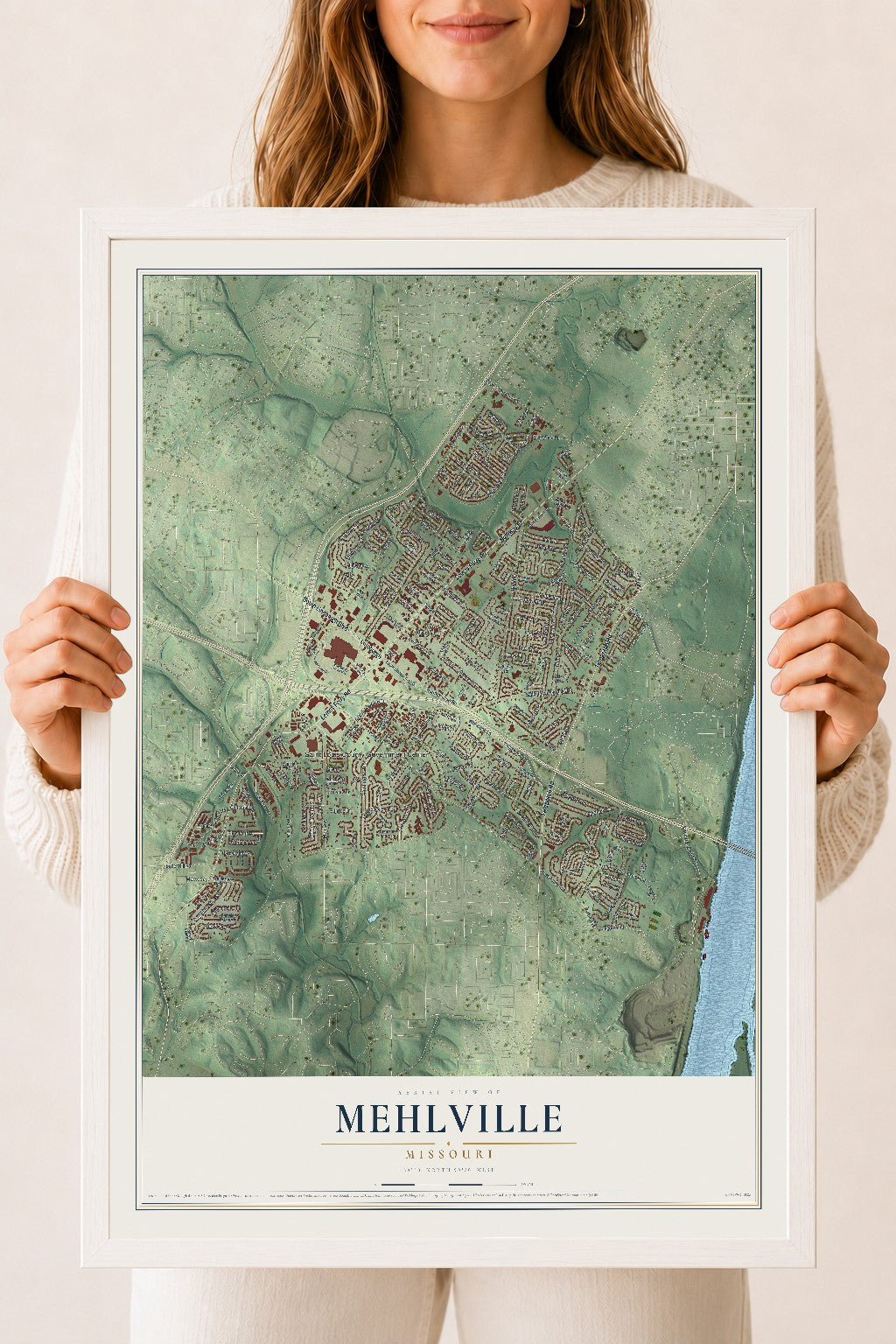 Map of Mehlville, Missouri, 18 x 24 inch print in a white wood frame