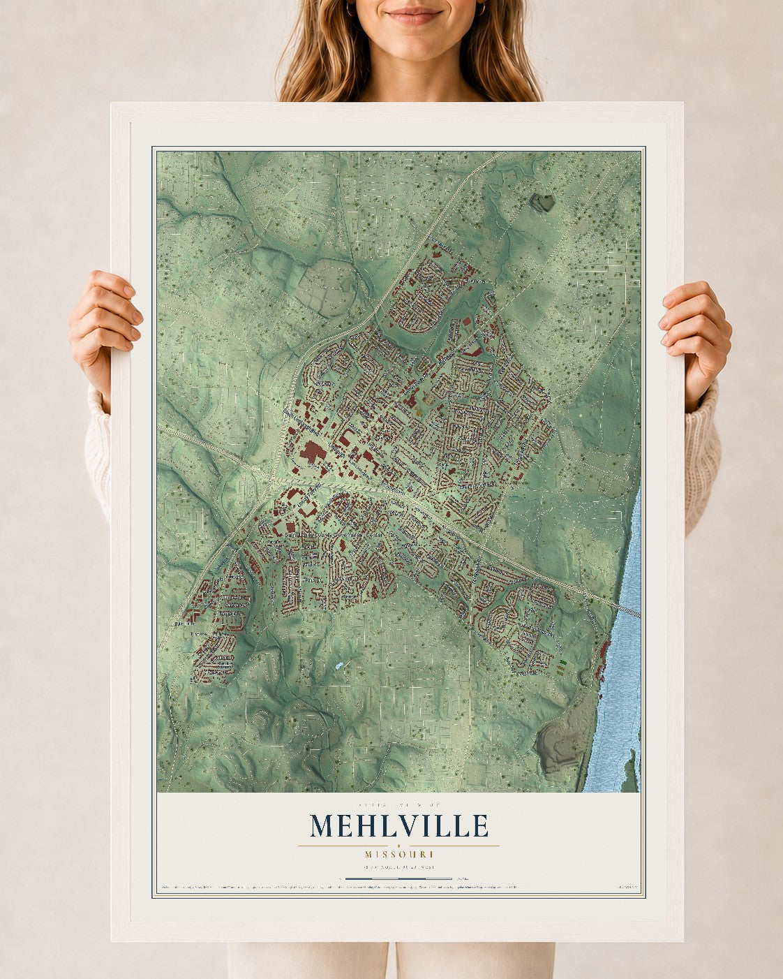Map of Mehlville, Missouri, 24 x 36 inch print in a white wood frame