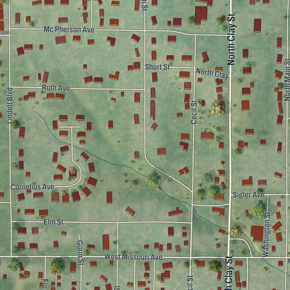 Second close-up of the map of Memphis, Missouri print showing more streets and buildings