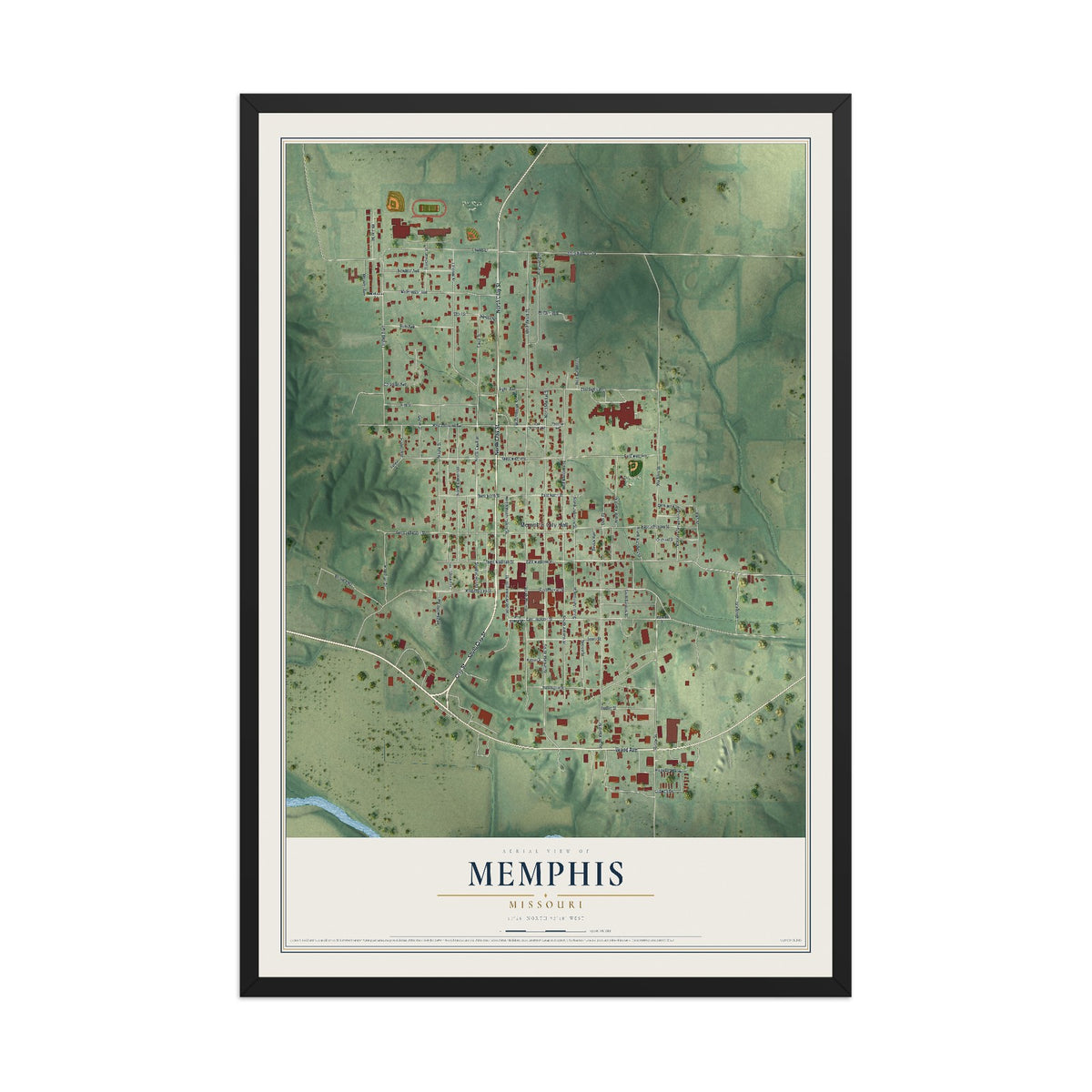 Map of Memphis, Missouri, 12 x 18 inch print in a black wood frame