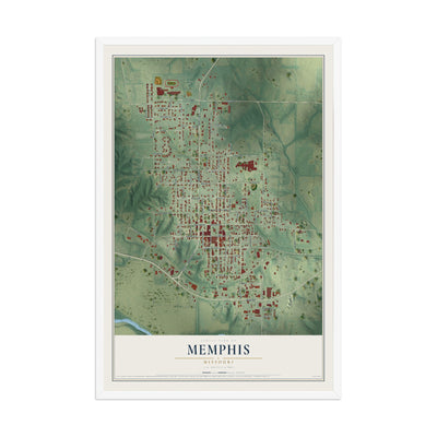 Map of Memphis, Missouri, 12 x 18 inch print in a white wood frame