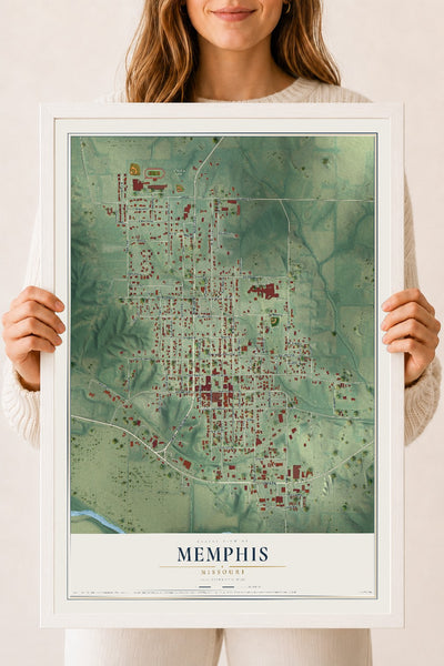Map of Memphis, Missouri, 18 x 24 inch print in a white wood frame