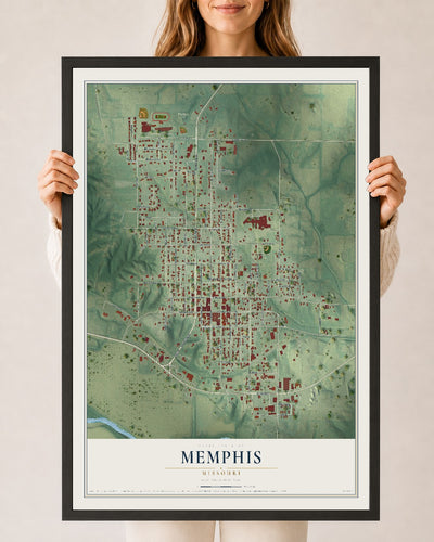 Map of Memphis, Missouri, 24 x 36 inch print in a black wood frame