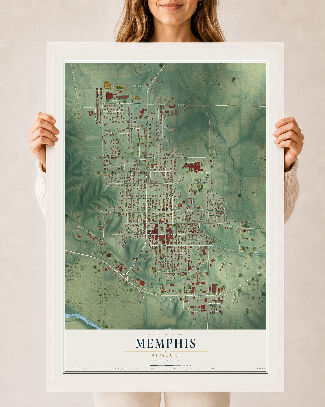 Map of Memphis, Missouri, 24 x 36 inch print in a white wood frame
