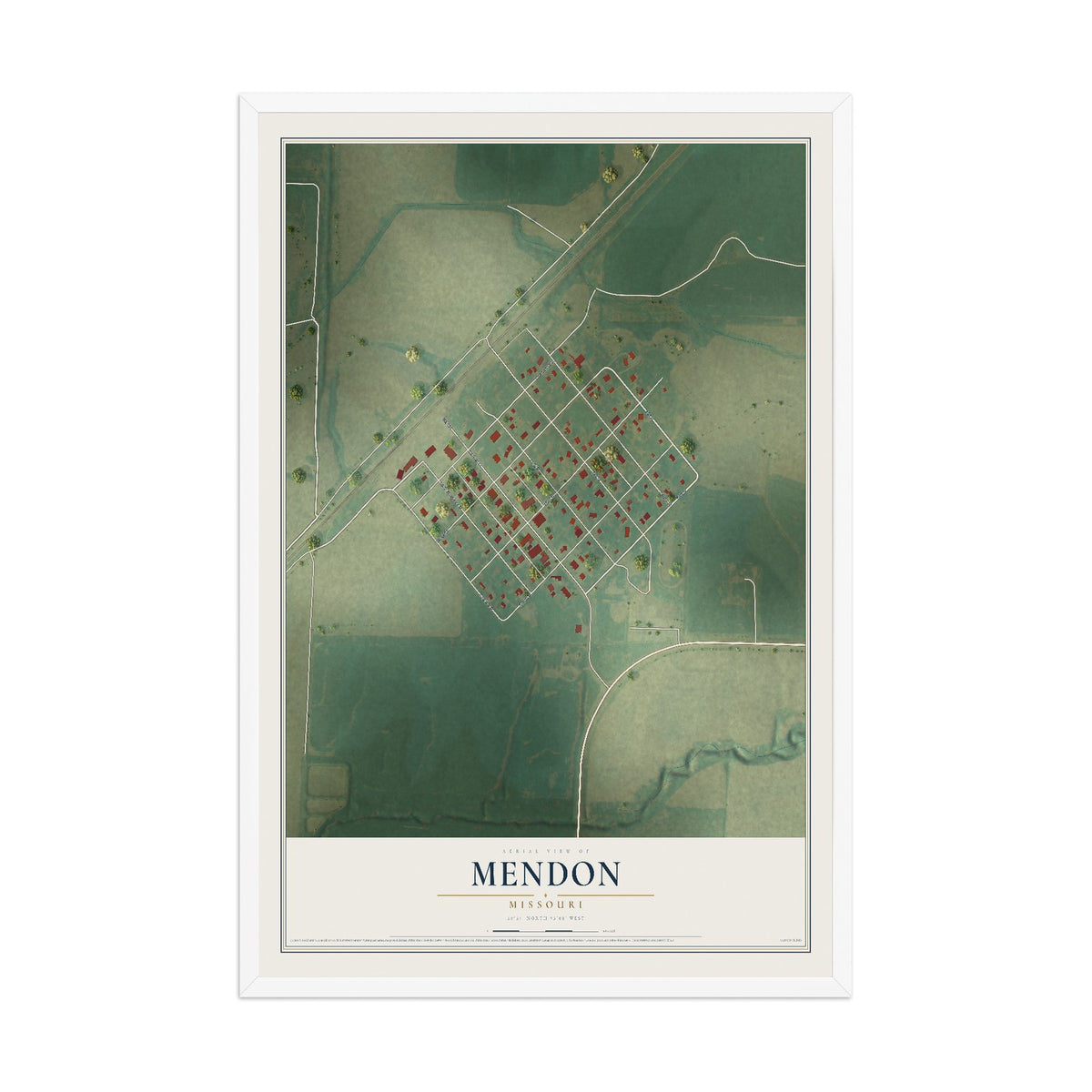 Map of Mendon, Missouri, 12 x 18 inch print in a white wood frame