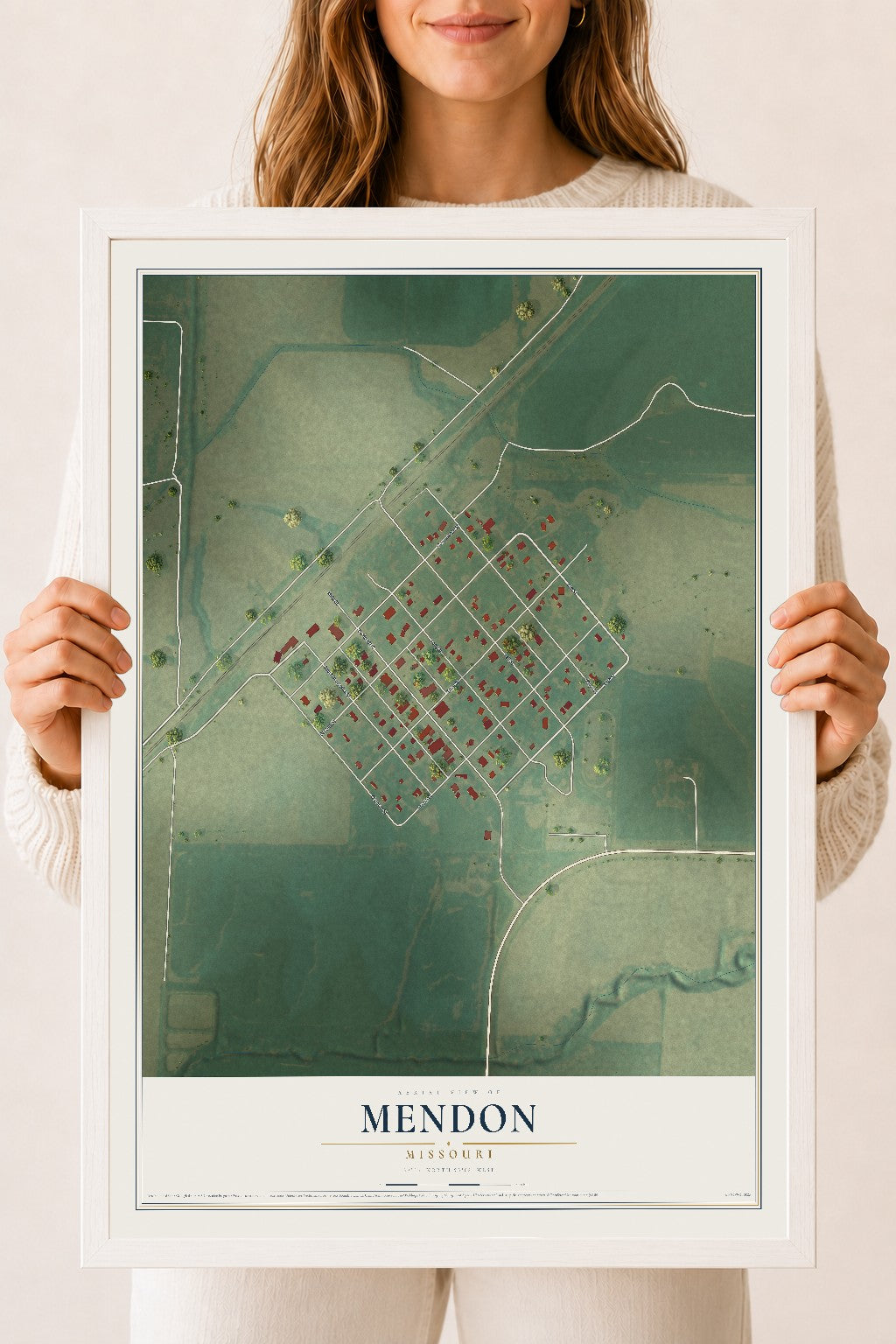 Map of Mendon, Missouri, 18 x 24 inch print in a white wood frame