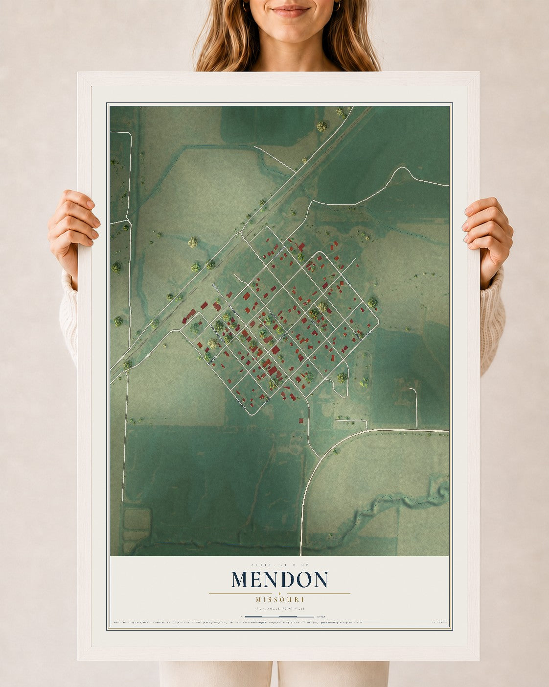 Map of Mendon, Missouri, 24 x 36 inch print in a white wood frame