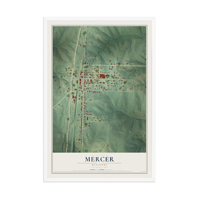 Map of Mercer, Missouri, 12 x 18 inch print in a white wood frame