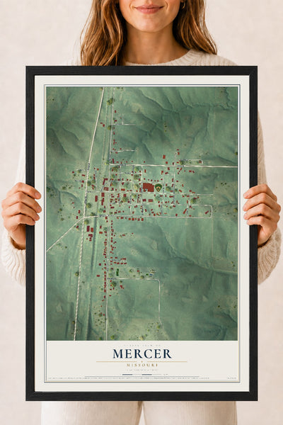 Map of Mercer, Missouri, 18 x 24 inch print in a black wood frame