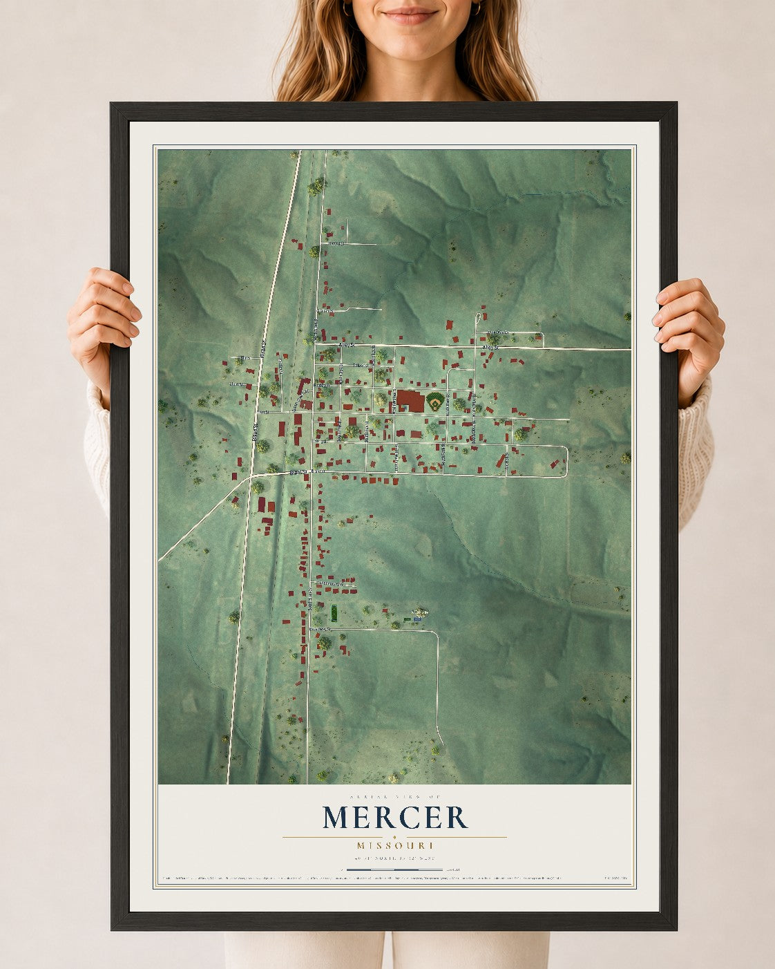 Map of Mercer, Missouri, 24 x 36 inch print in a black wood frame