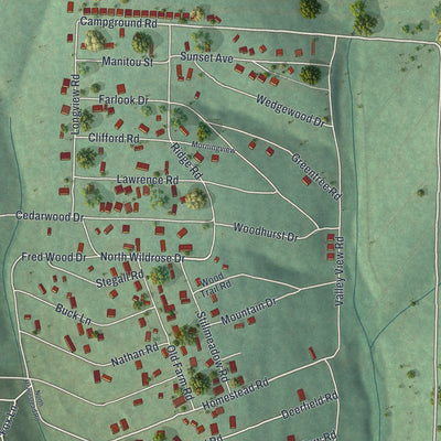 Close-up of the map of Merriam Woods, Missouri print showing street and building detail
